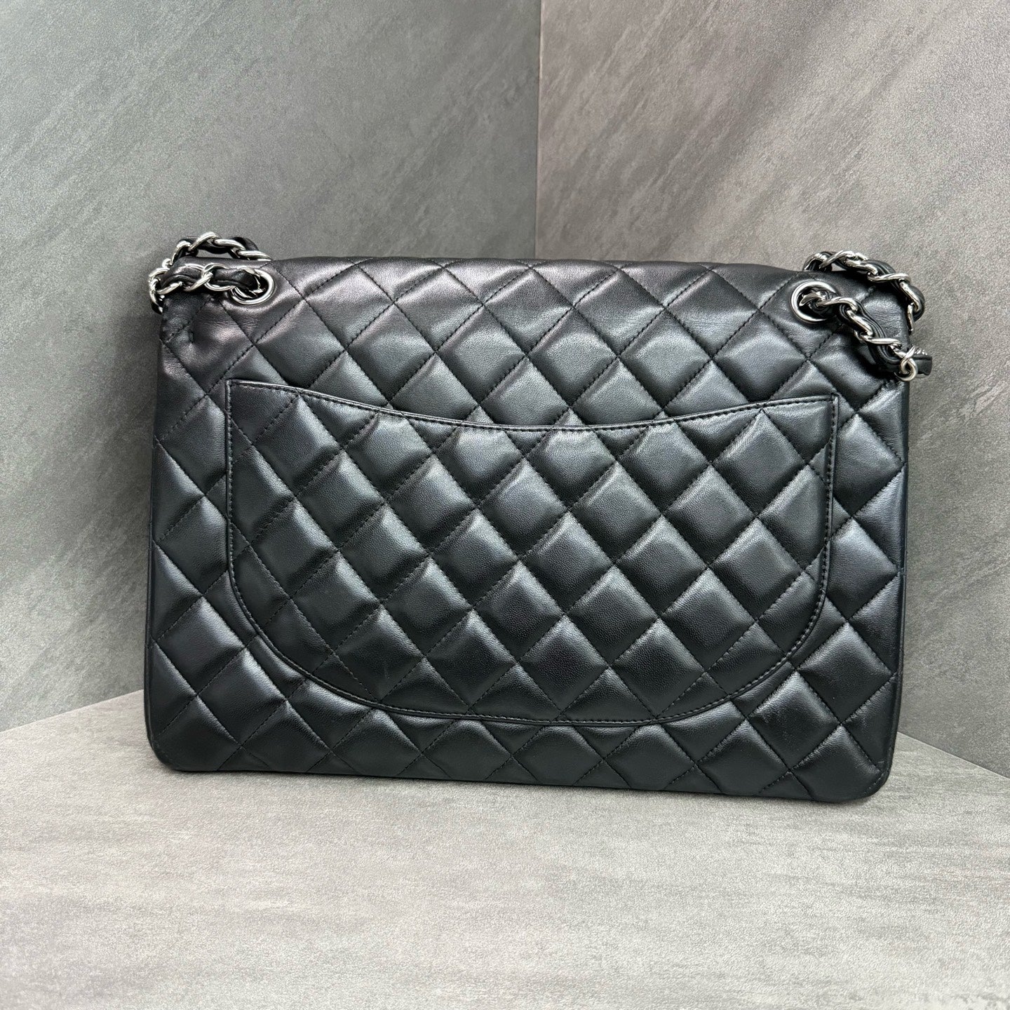 Chanel CF Maxi Black Lambskin Chain Bag with Silver Hardware, Size 16, Structured Shape, Clean Interior