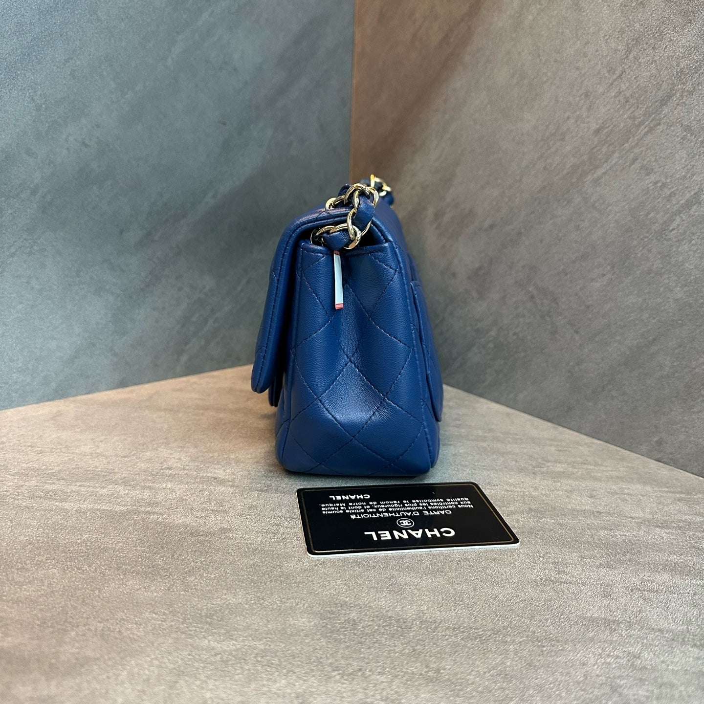 Chanel CF Square Flap Blue-Gold Lambskin Chain Bag, 25 series with authenticity card, structured shape, clean interior