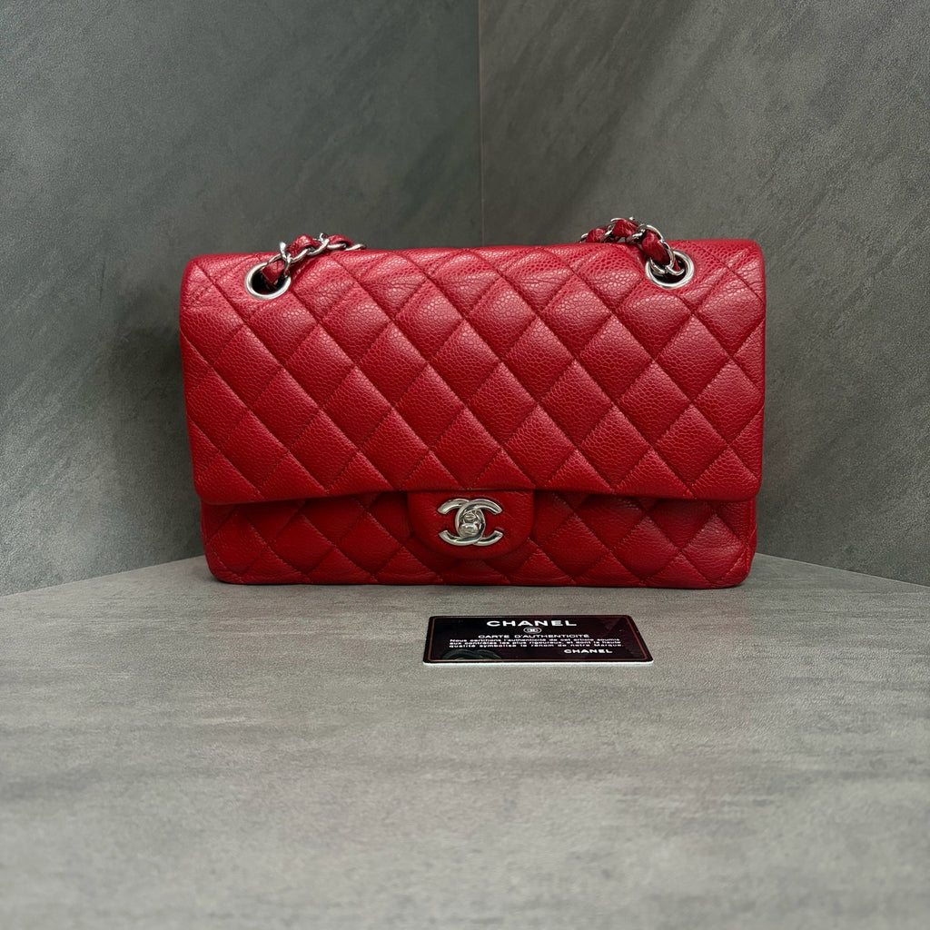 CHANEL red lychee pattern cf medium size 14 with warranty card in original condition