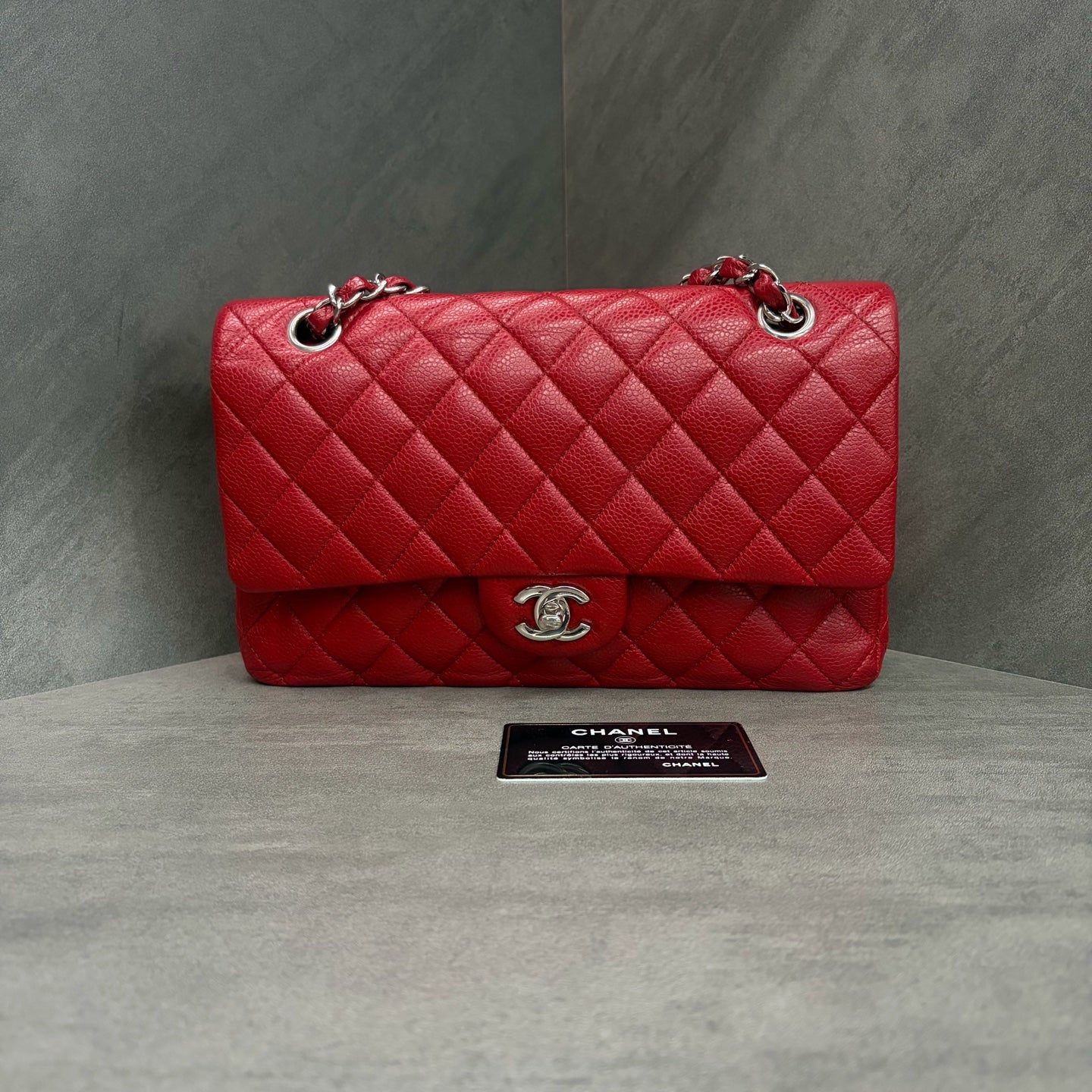 CHANEL red lychee pattern cf medium size 14 with warranty card in original condition