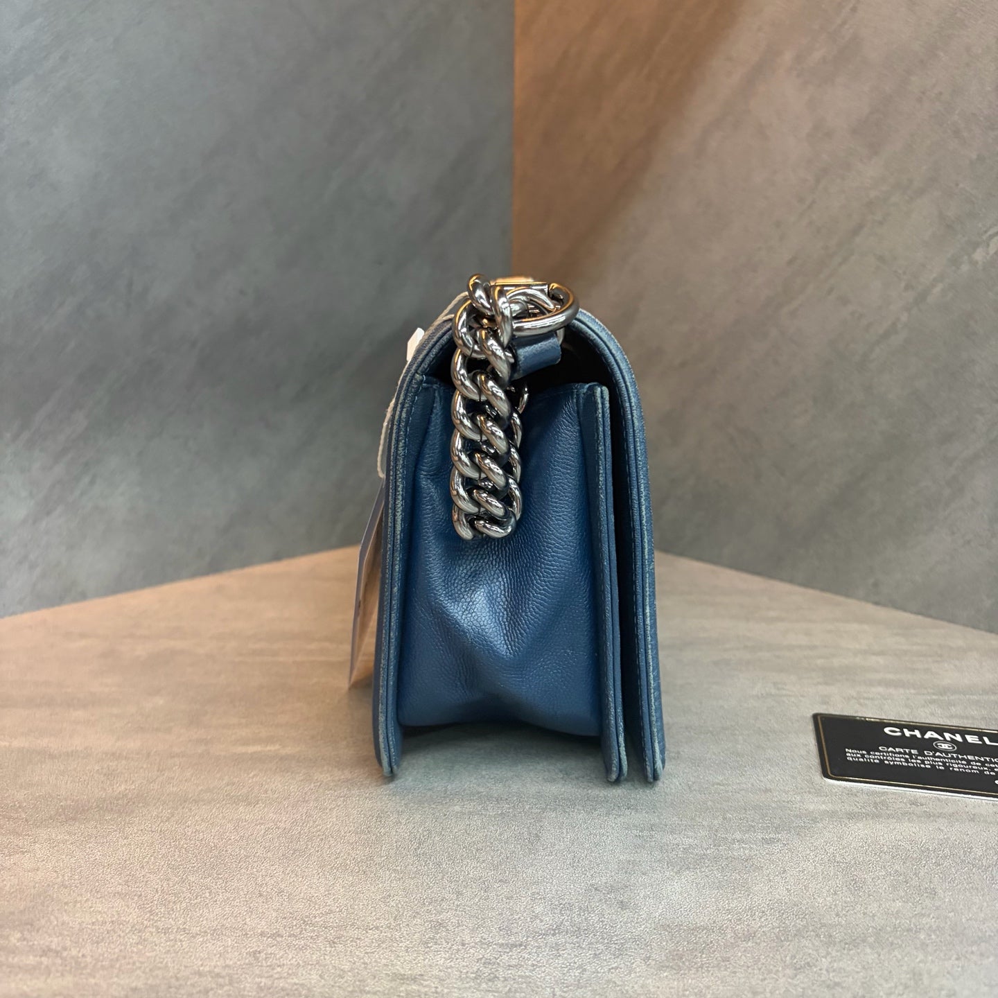 Chanel leboy medium size blue cowhide, 23 series with card, structured shape, clean interior