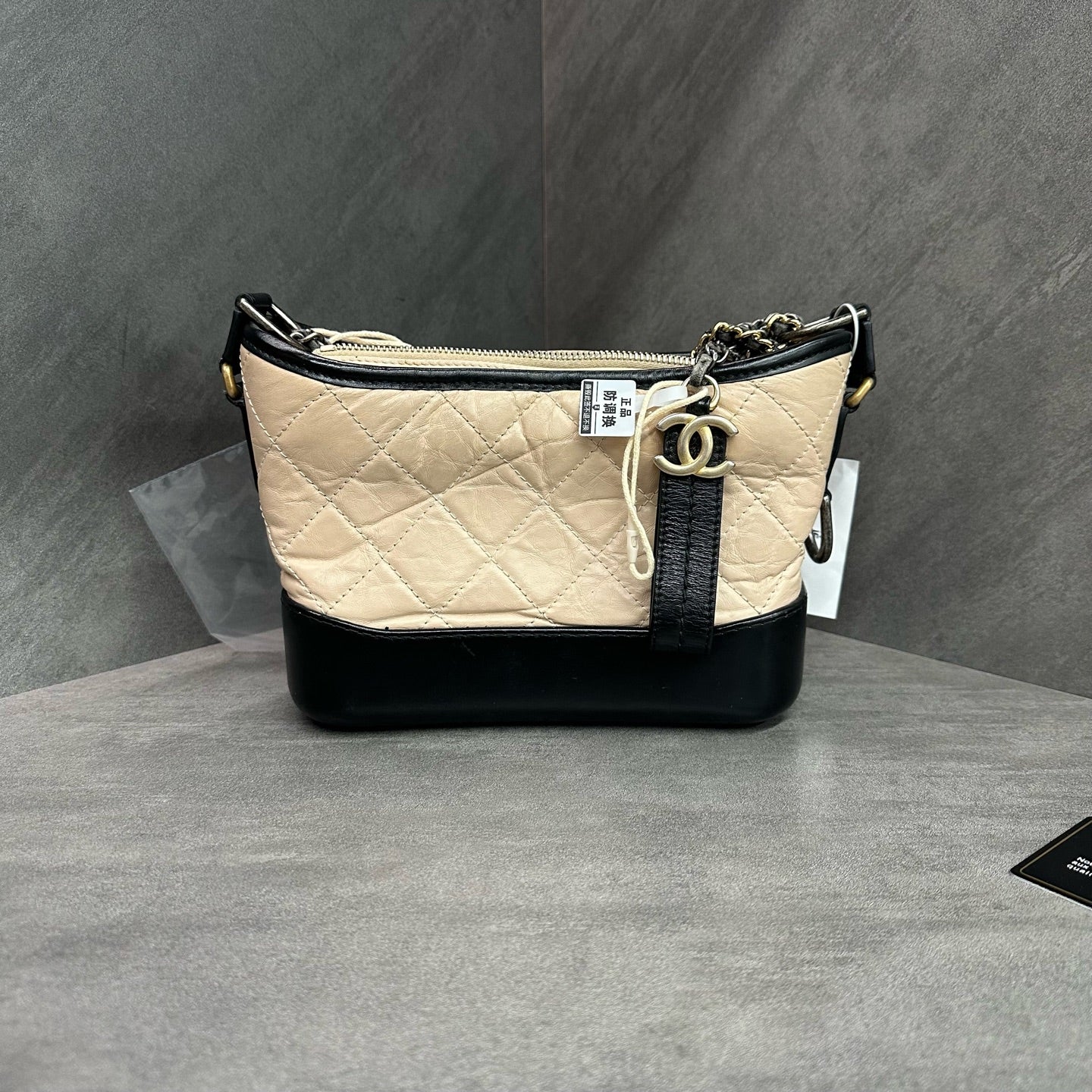Chanel Small Gabrielle Bag, Beige and Black Colorblock, Classic Quilted Pattern, 27 Serial Number with Authenticity Card