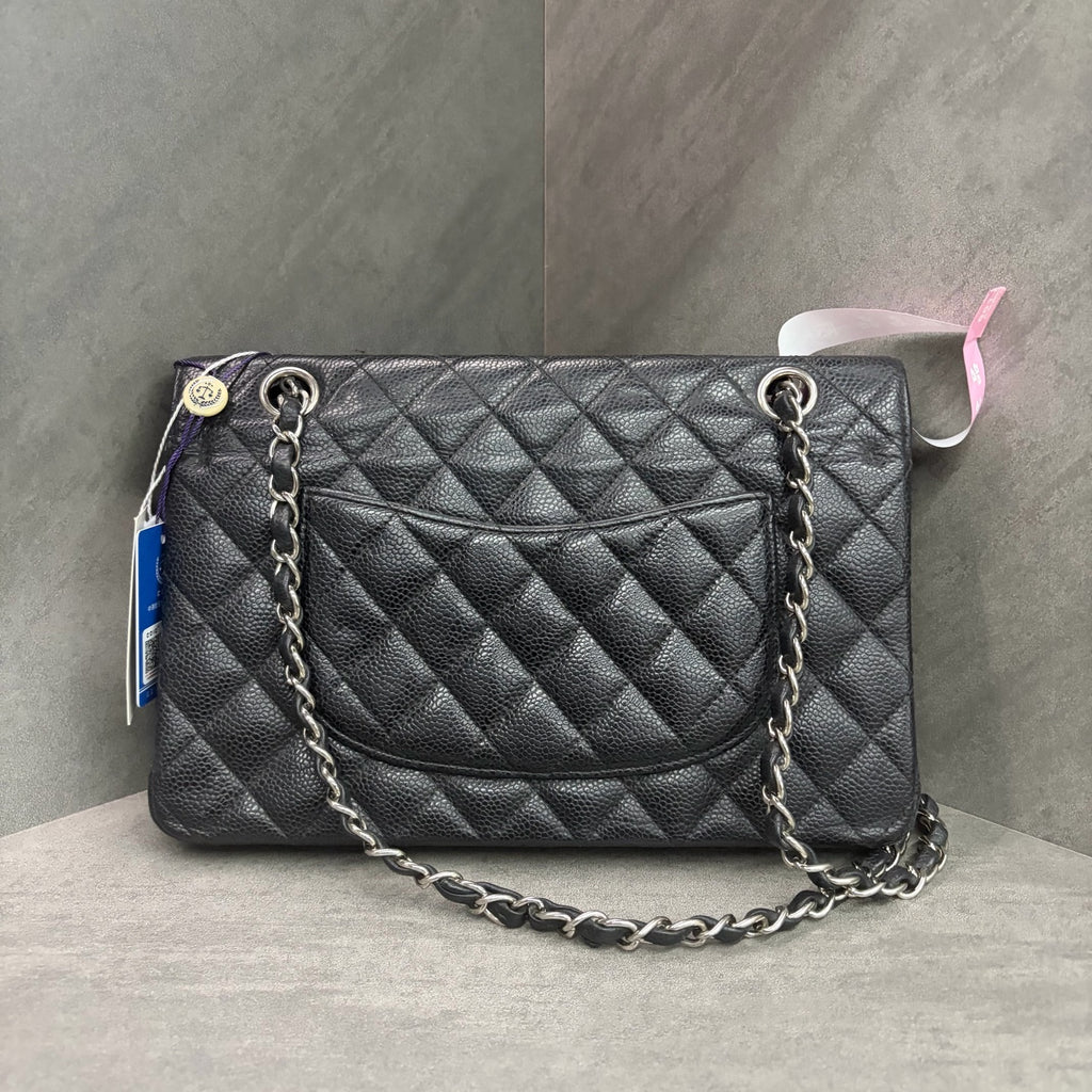 Chanel CF Medium Black and Silver Litchi Leather 18K