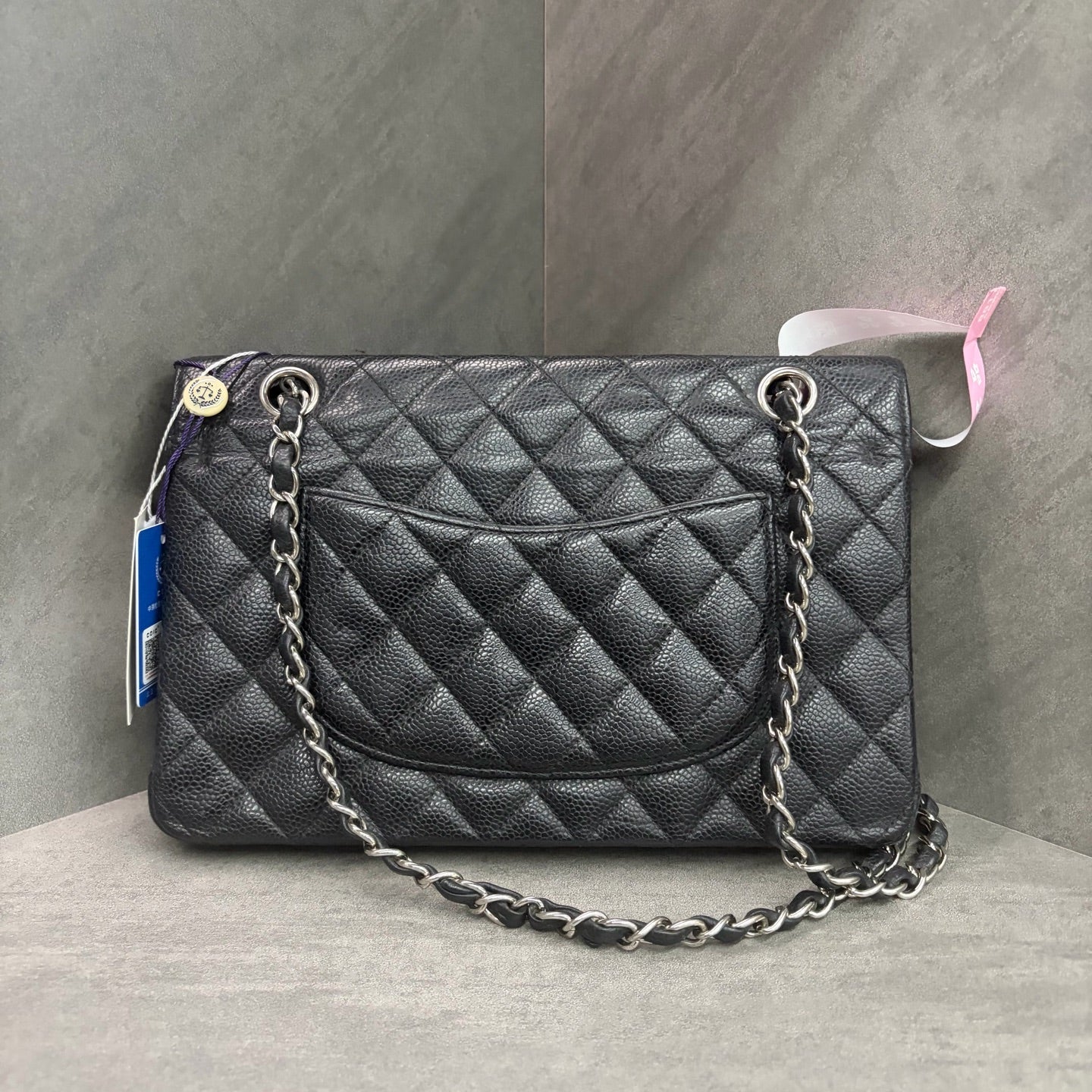 Chanel CF Medium Black and Silver Litchi Leather 18K