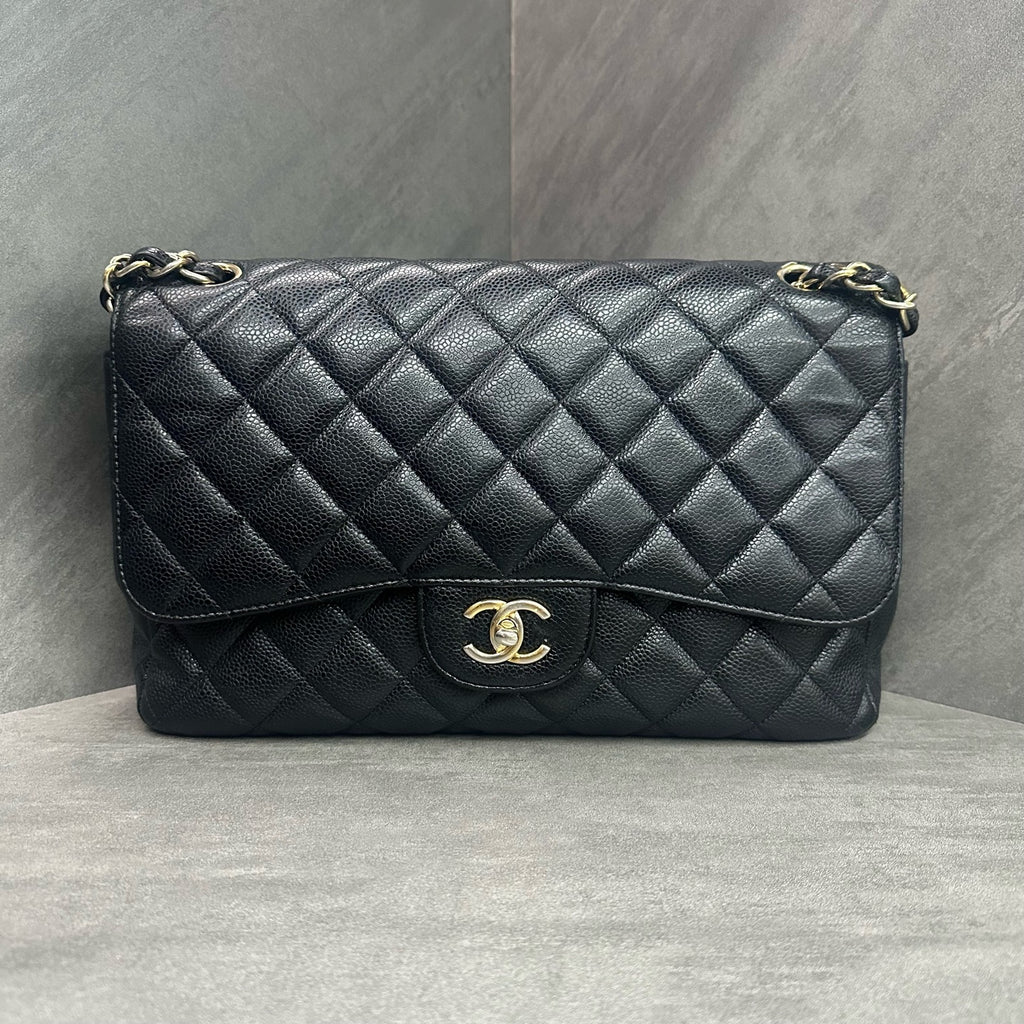 Chanel CF Jumbo Black and Gold Caviar Leather Chain Bag, 16-size
