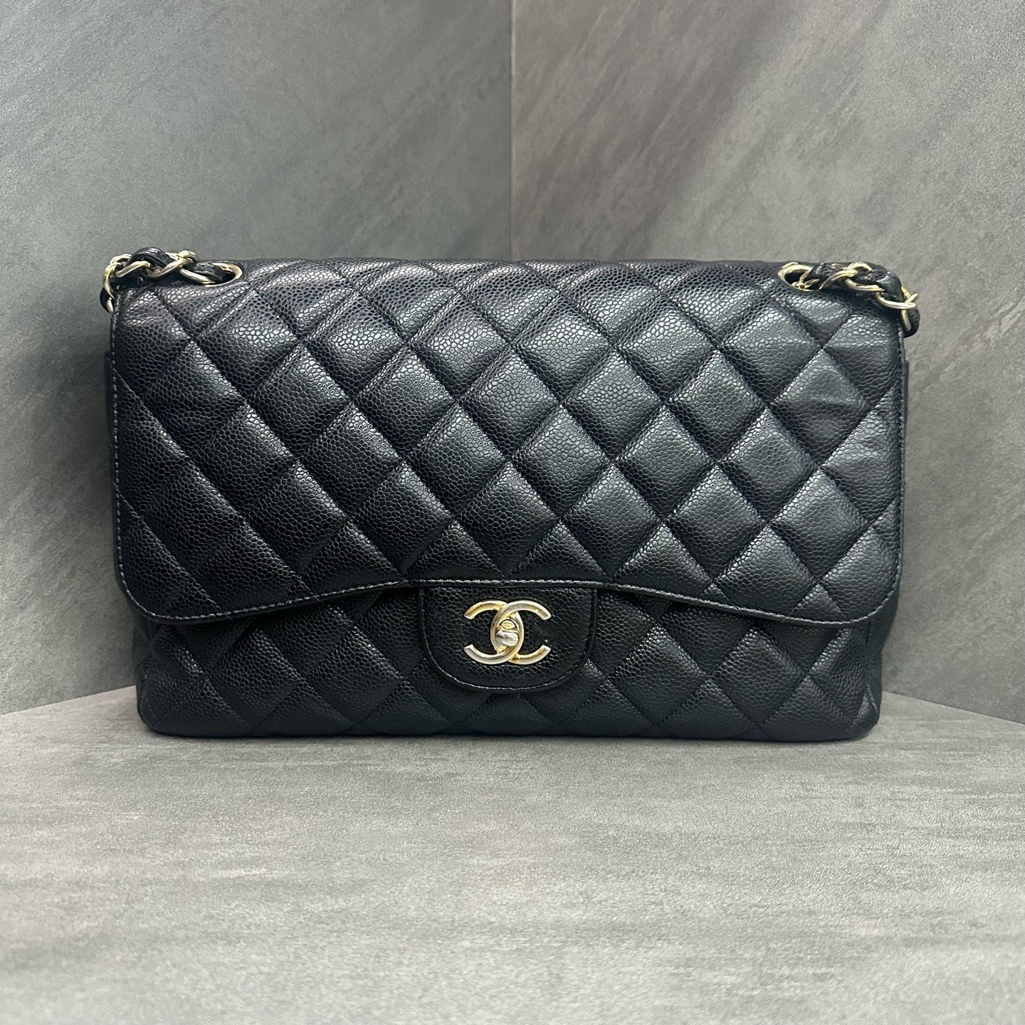 Chanel CF Jumbo Black and Gold Caviar Leather Chain Bag, 16-size