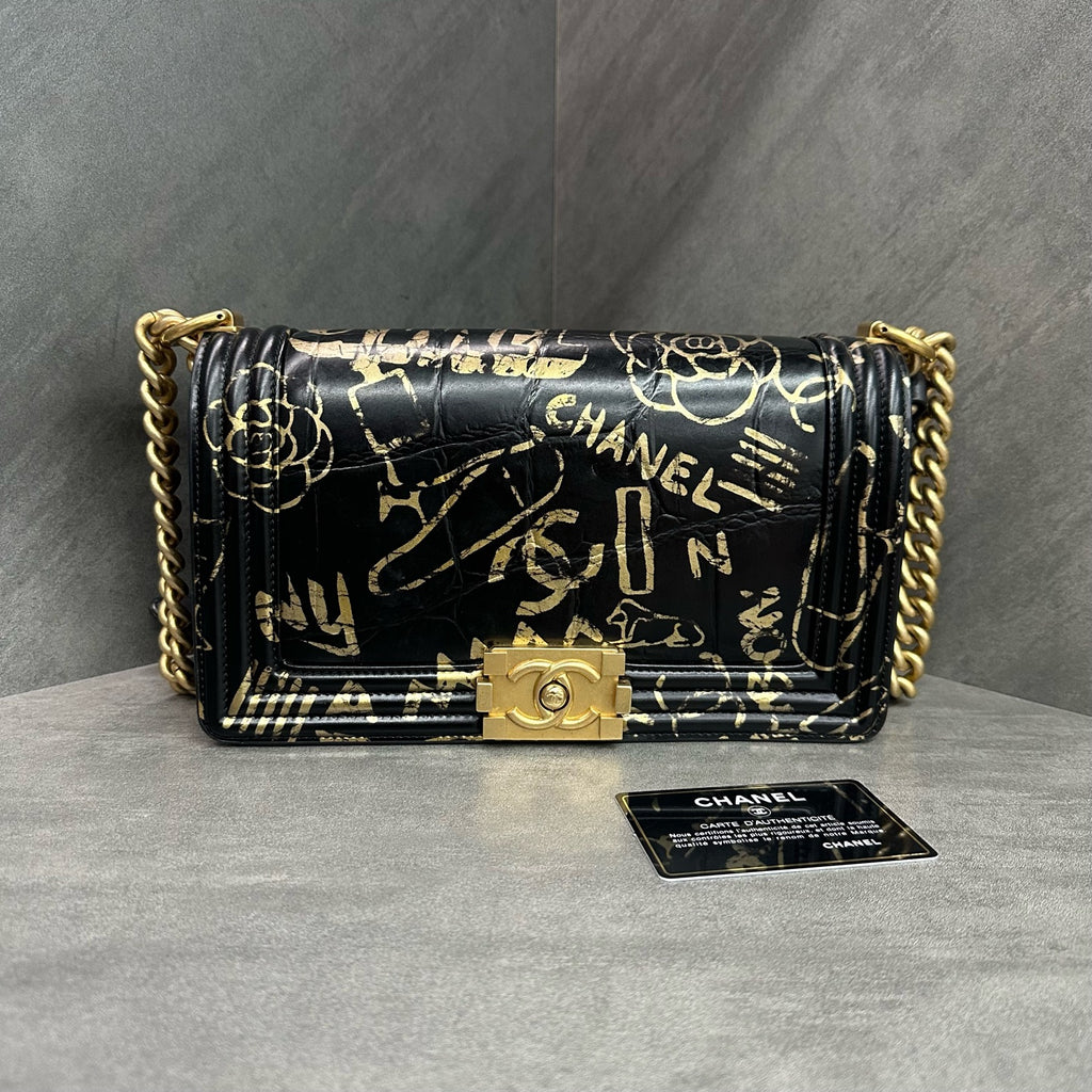 Chanel Leboy Medium, Limited Edition Egypt Collection, Black Gold Crocodile-Embossed Graffiti, 28 Series with Authenticity Card