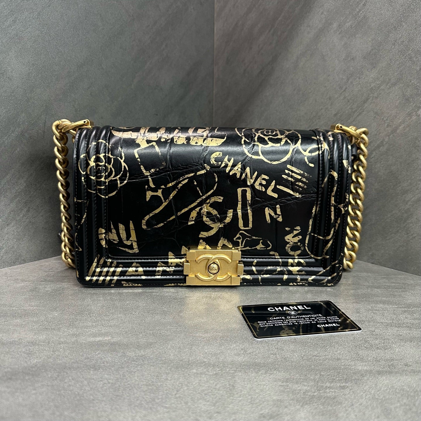 Chanel Leboy Medium, Limited Edition Egypt Collection, Black Gold Crocodile-Embossed Graffiti, 28 Series with Authenticity Card