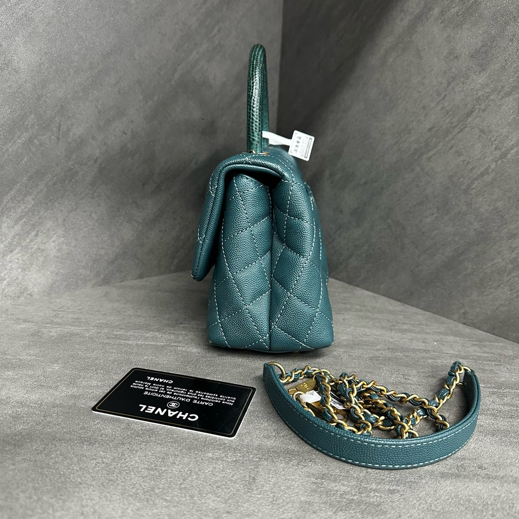 Chanel Coco Handle Small, Peacock Blue with Gold-tone Hardware, Grained Leather, 25-series with Authenticity Card