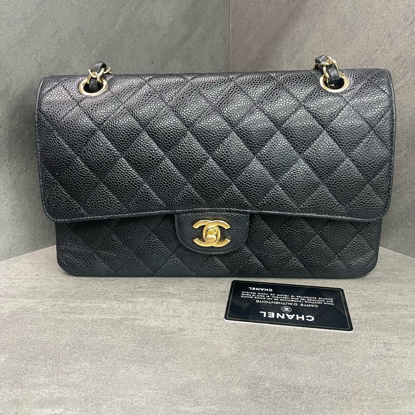 Chanel CF Medium Black Gold Litchi Leather Chain Bag 17th Edition with Card Original Condition