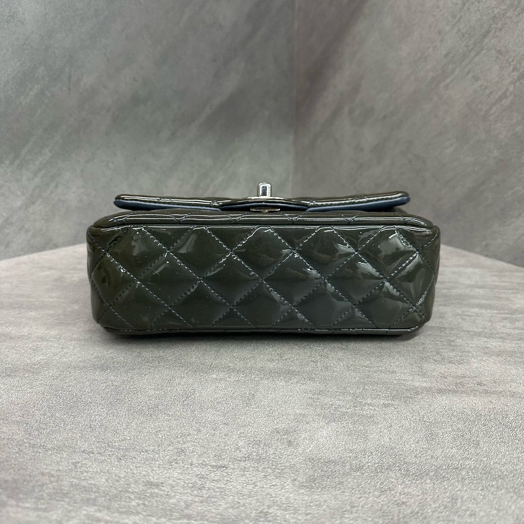 Chanel CF Mini Chain Bag in Patent Leather, Silver Hardware, Olive Green, Size 20