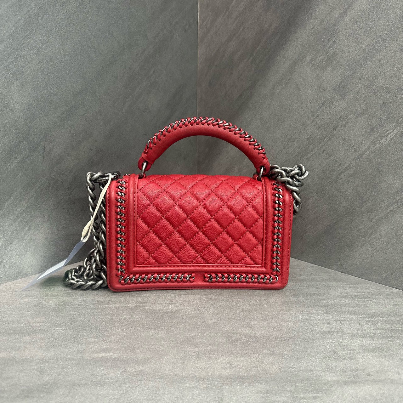 Chanel Red Small leboy Handbag, Court Style, 23rd Series, with Card and Receipt, Structured and Full Shape, No Wear on Corners