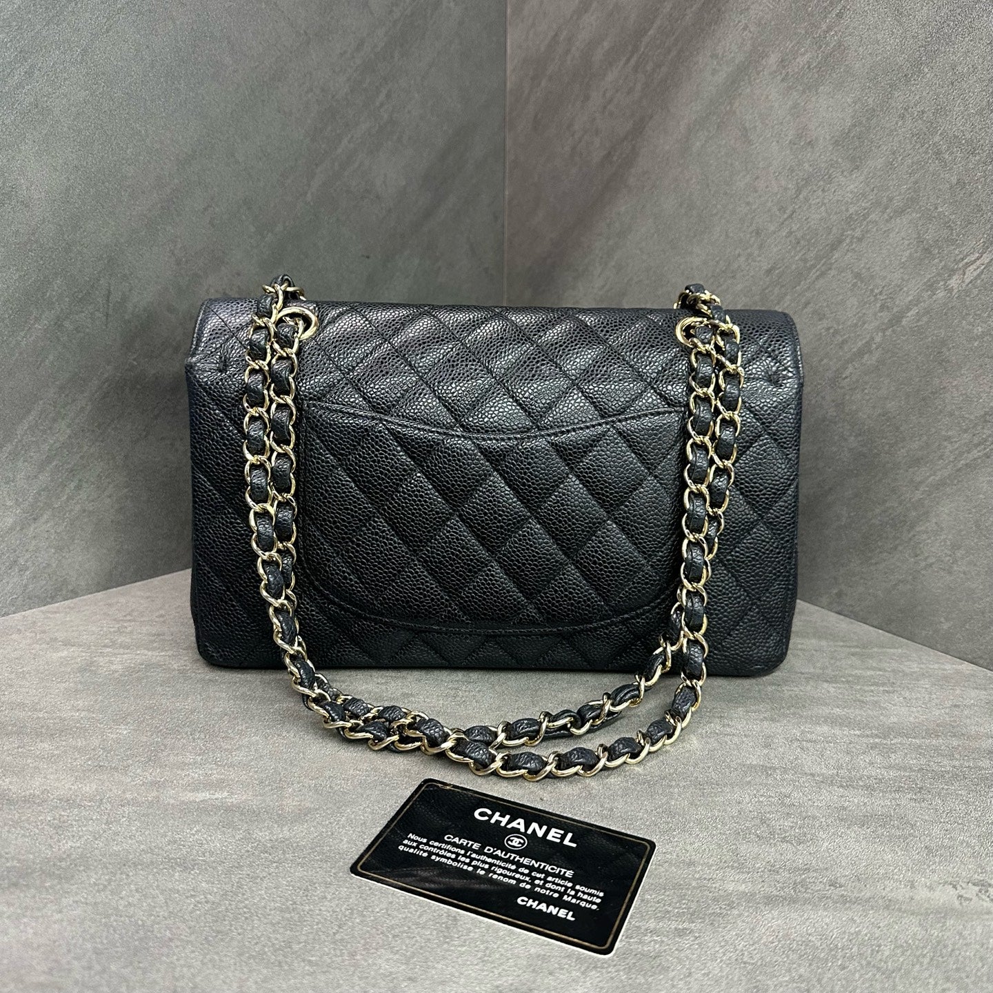 Chanel CF Medium Black Gold Lambskin Chain Bag 17 Open with Card