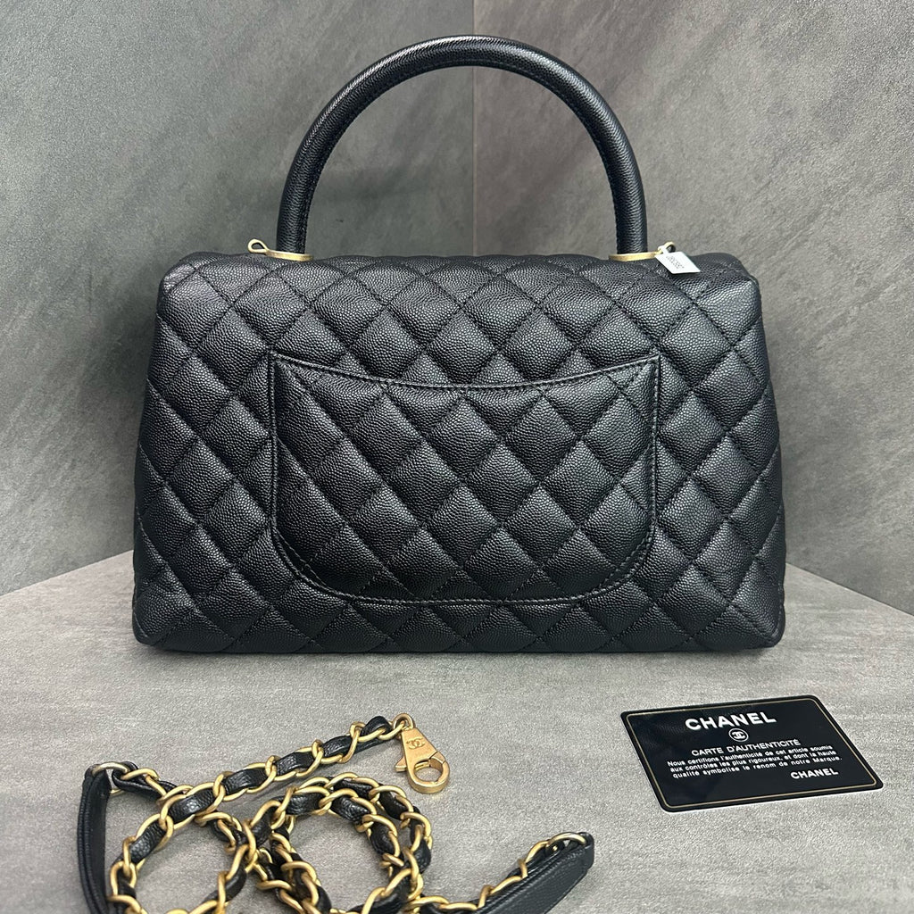 Chanel Coco Handle Medium Black-Gold Litchi Leather Chain Bag 25 with Card