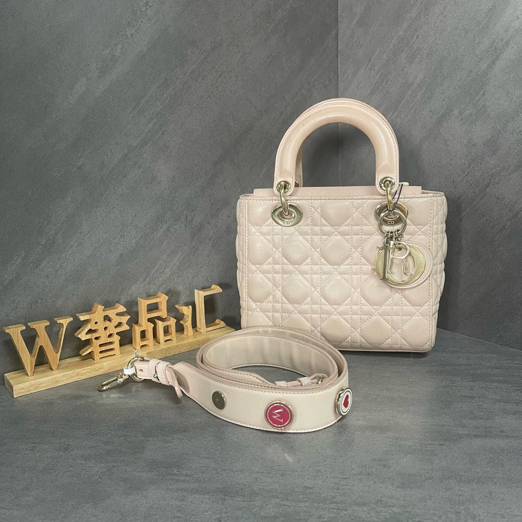 Dior Lady Dior Mini with 4 compartments, pink with gold-tone hardware, emblem shoulder strap, serial number starting with 17, serious buyers only.