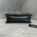 Chanel Le Boy Medium Black Silver Litchi Grain Leather Chain Bag 25 Opening with Card, Structured Shape, Clean Interior