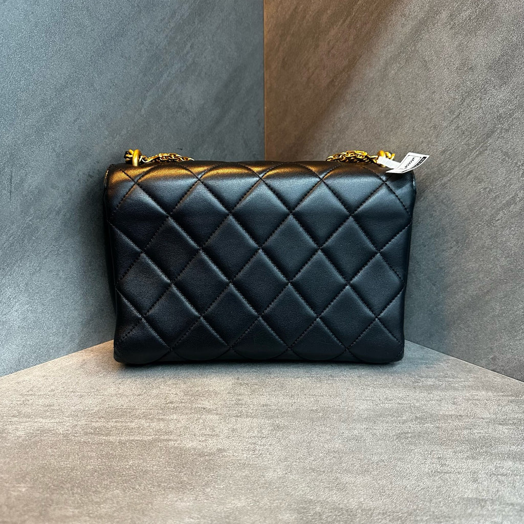 Chanel 22S Black Gold Diamond Chain Bag, lambskin, microchipped version, structured silhouette, clean interior, original condition