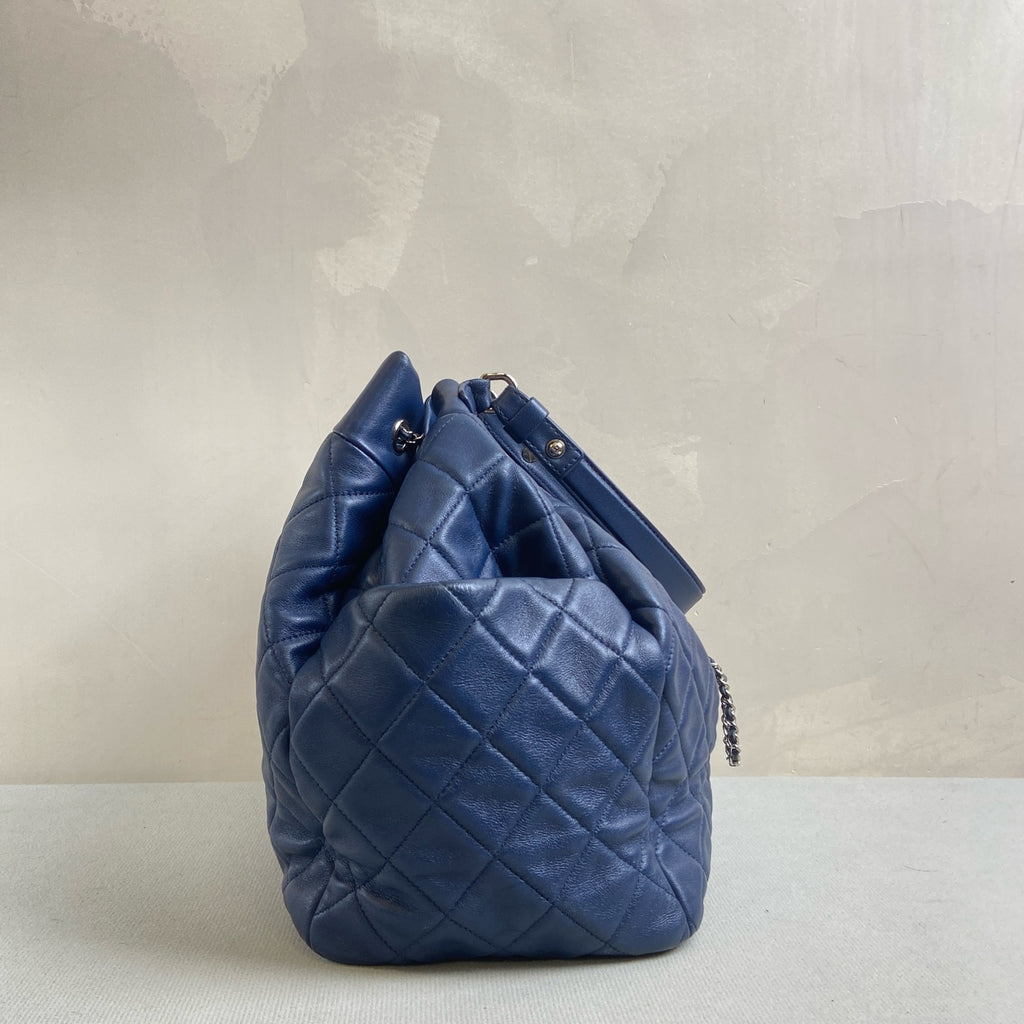 Chanel 97 New 23 Opening Deep Blue Quilted Bucket Bag 2 Ways Size 26.5*27