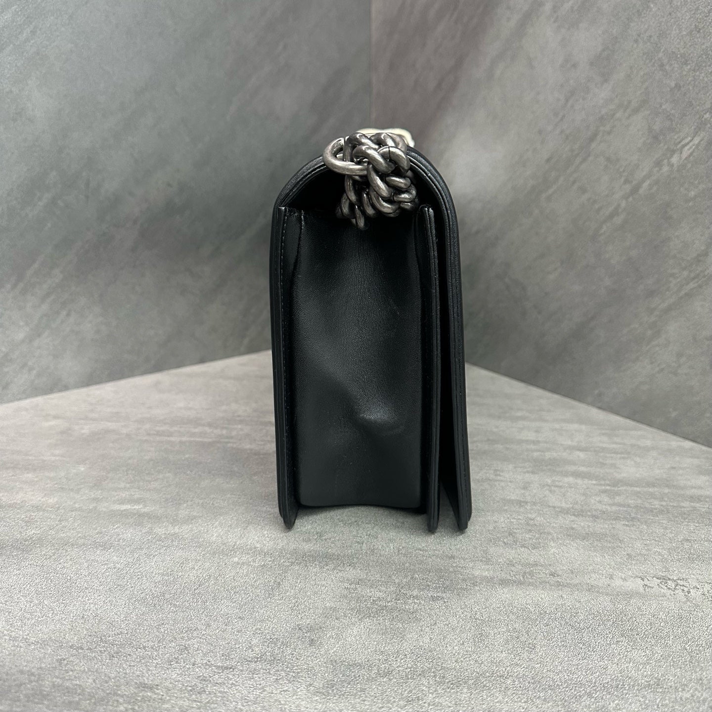 Chanel Le Boy Medium Large Black Silver Lambskin Chain Bag 20 Series, structured shape, clean interior.