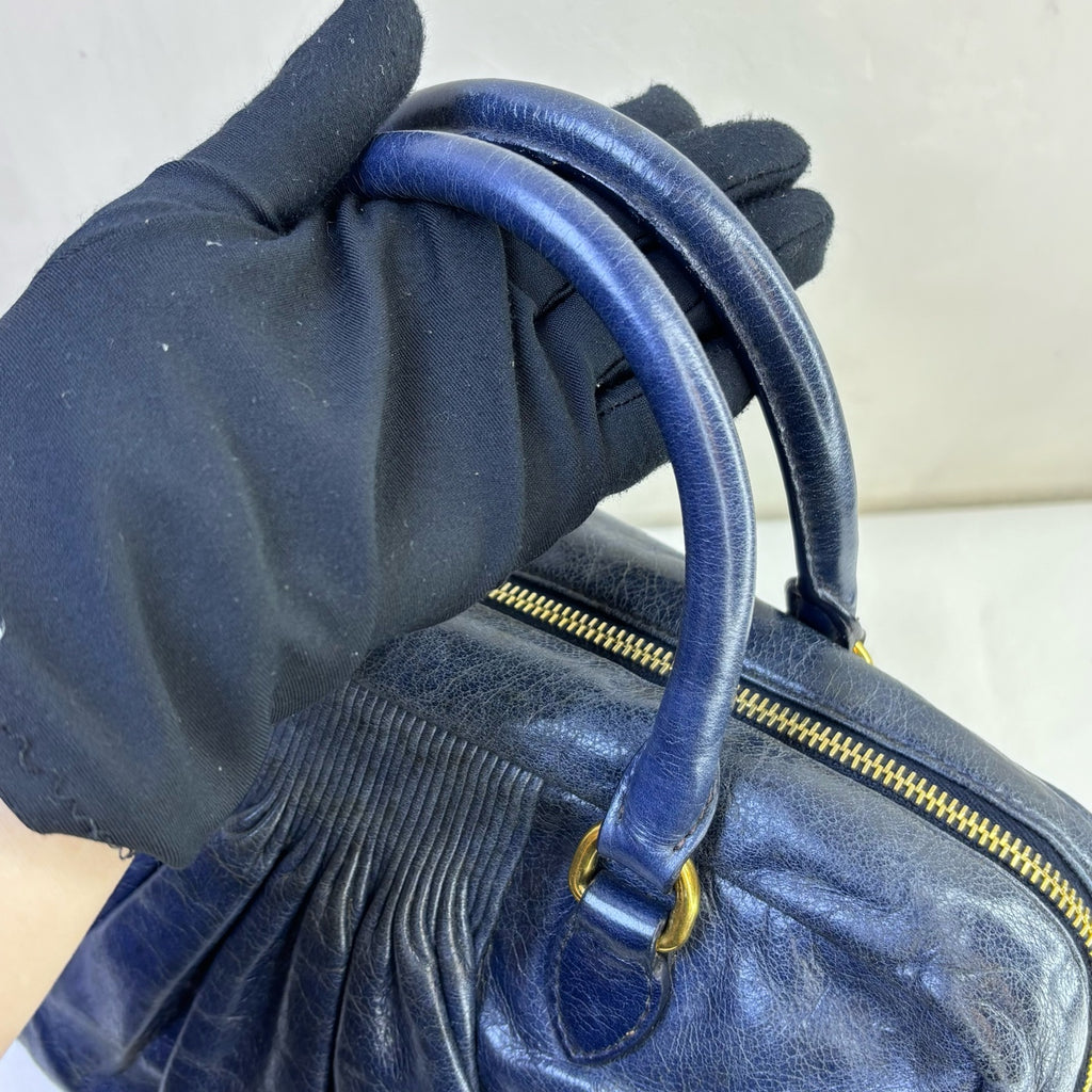Miu Miu Blue Ruched Oil Wax Leather Tote Crossbody Bag Size 27*20 Excellent Condition 98% New