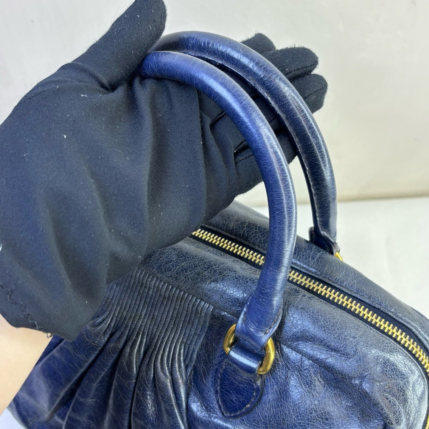Miu Miu Blue Ruched Oil Wax Leather Tote Crossbody Bag Size 27*20 Excellent Condition 98% New