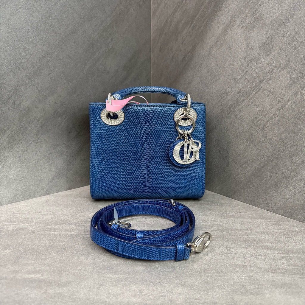 Dior Lady Dior Small (Three-Grid) Blue Diamond-Clasp Lizard Skin Handbag, with structured silhouette, clean interior, 15-series serial code, adjustable shoulder strap