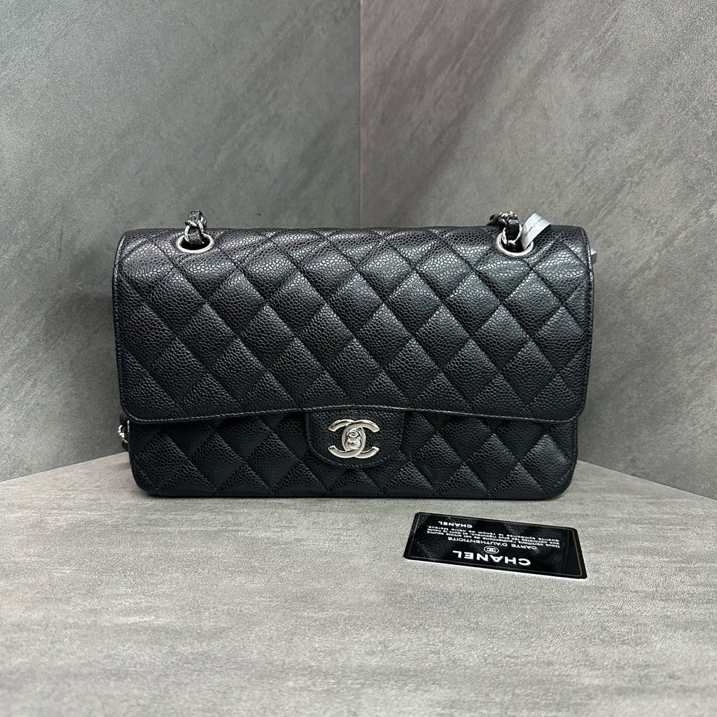 Chanel CF Medium Black/Silver Litchi Lambskin Chain Bag 19, Comes with Card, Structured Shape, Clean Interior