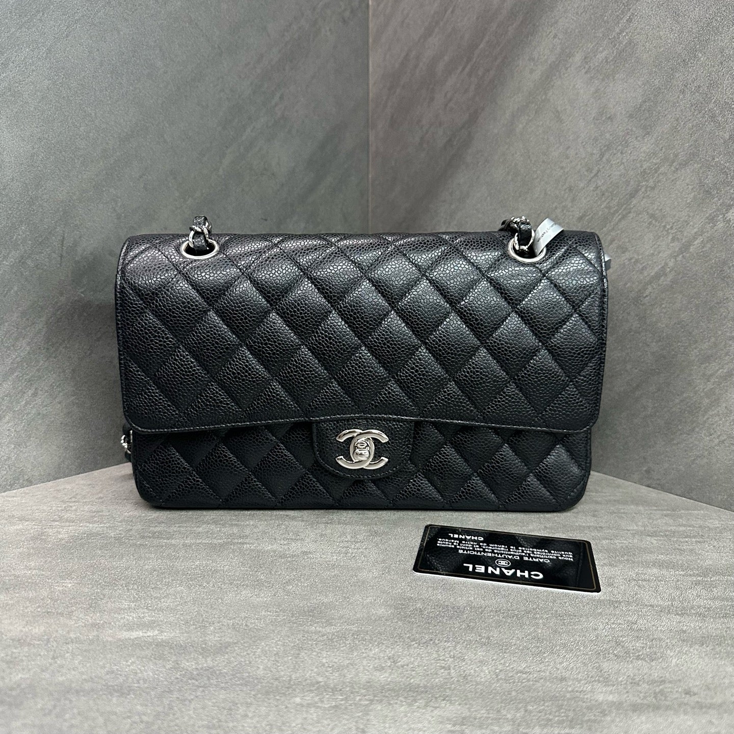 Chanel CF Medium Black/Silver Litchi Lambskin Chain Bag 19, Comes with Card, Structured Shape, Clean Interior