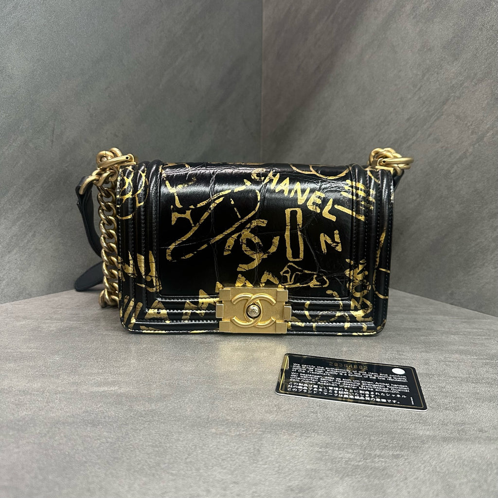 Chanel Le Boy Small Size Egypt Limited Edition Black Gold Crocodile-Embossed Logo Graffiti Crossbody Bag, 28 Serial Number with Authenticity Card