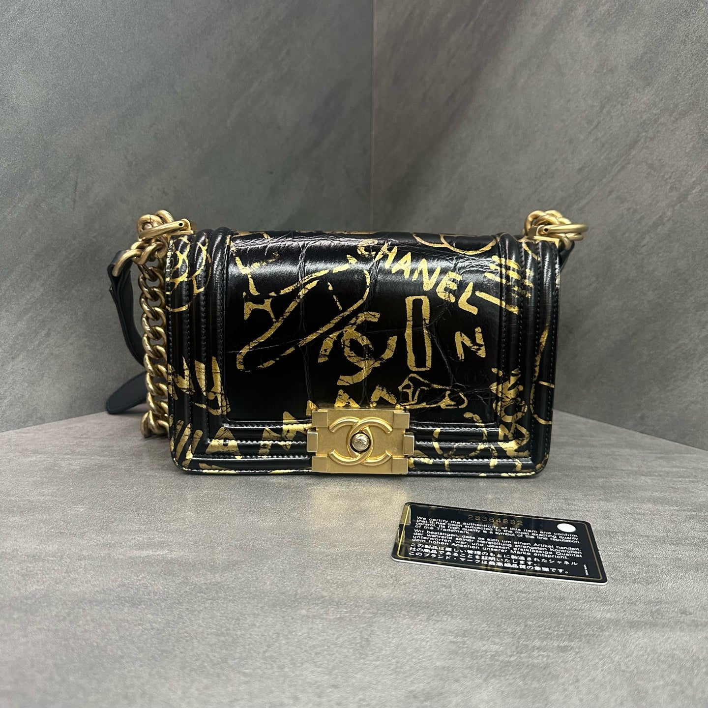 Chanel Le Boy Small Size Egypt Limited Edition Black Gold Crocodile-Embossed Logo Graffiti Crossbody Bag, 28 Serial Number with Authenticity Card