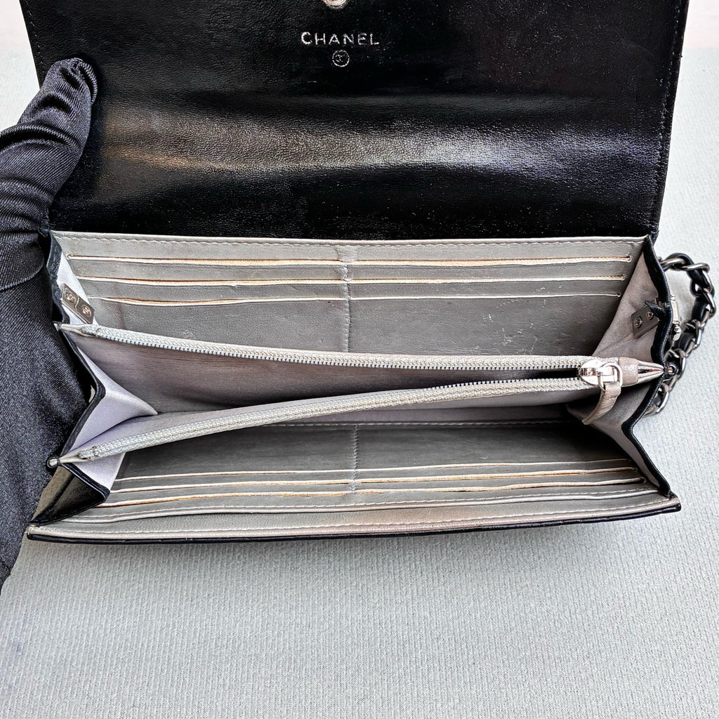 Chanel Camellia Crossbody Chain Bag 20 Opening With Card Classic Camellia Embossed Silver Interior Size 19.5*10
