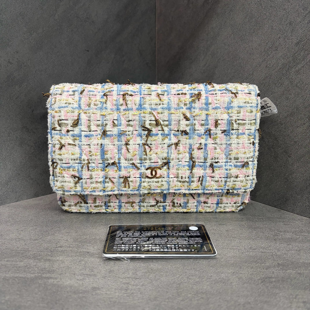 Chanel Limited Edition Powder Blue Tweed Woc Bag Fortune Chain Bag, with a structured silhouette, clean interior, 27 serial number with authenticity card, in original condition