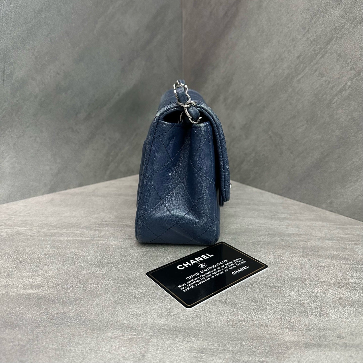 Chanel CF Square Chunky Blue Silver Lambskin Chain Bag 22 opening with card, structured shape, and clean interior.