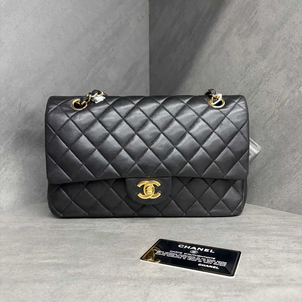 Chanel CF Medium Black Gold Lambskin, 14-series with card, structured shape, clean interior, in stock at a great price