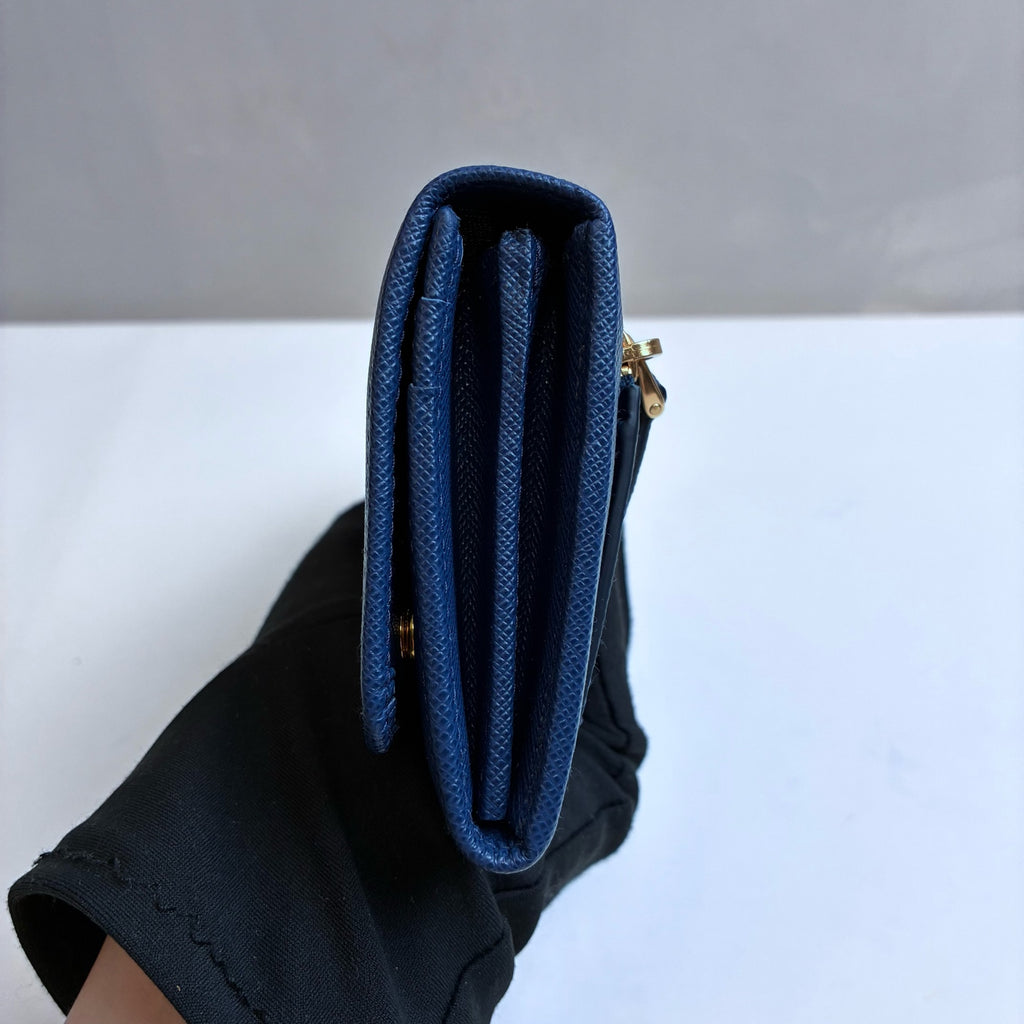 Prada Deep Blue Cross Grain Leather Flap Long Wallet 99% New Size: 18.5×9