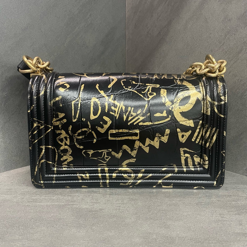 Chanel Limited Edition Discontinued Egypt Series Medium Le Boy, Black Gold Crocodile Embossed Graffiti Gilded, 28 Open, No Wear on Four Corners