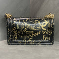 Chanel Limited Edition Discontinued Egypt Series Medium Le Boy, Black Gold Crocodile Embossed Graffiti Gilded, 28 Open, No Wear on Four Corners