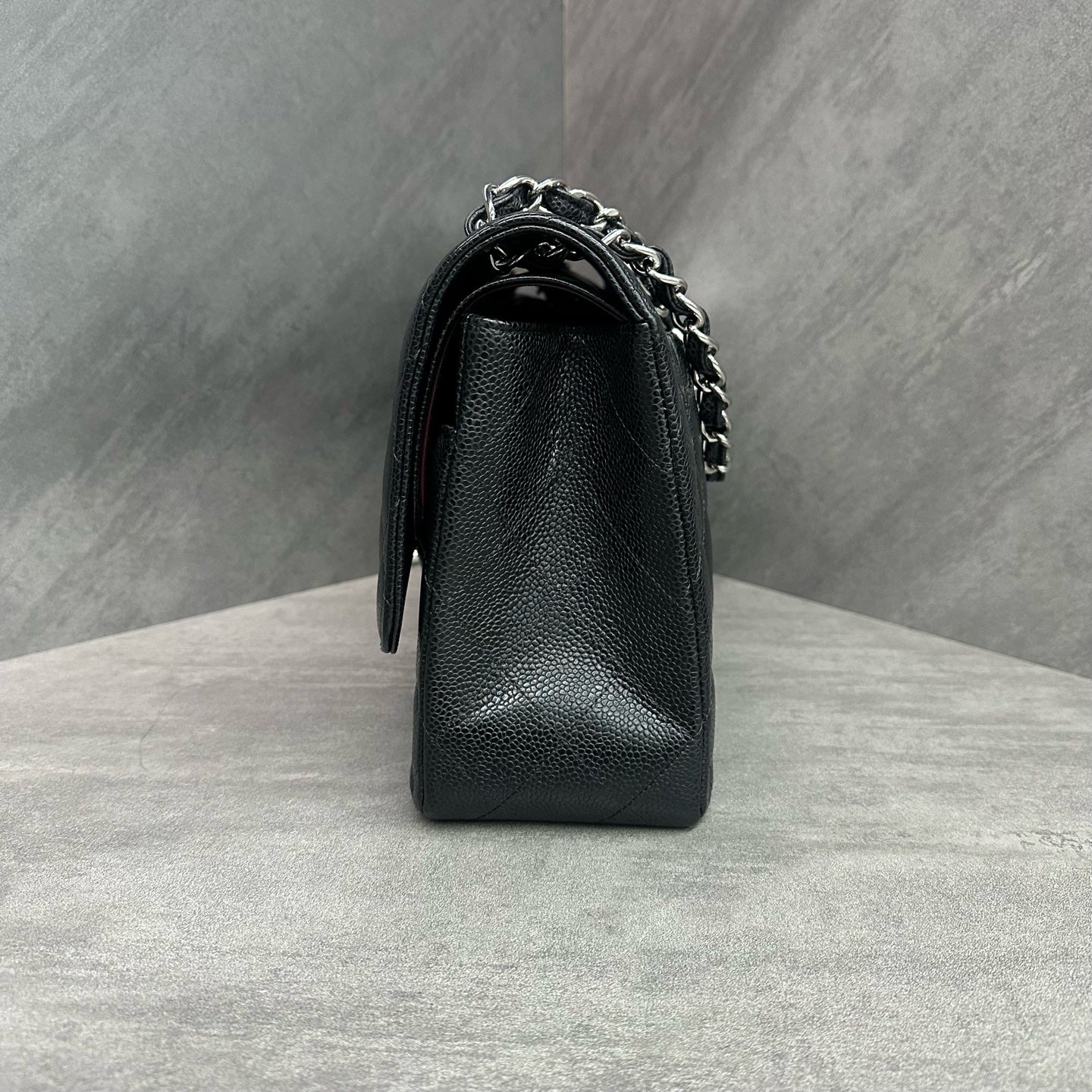 Chanel CF Jumbo Black and Silver Litchi Cowhide Chain Bag, Chip Version, Structured Shape, Clean Interior.