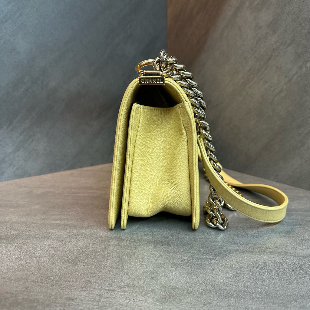Chanel Leboy Medium Size Yellow Gold-Tone Hardware Lizard Embossed Calfskin Chain Bag with Microchip