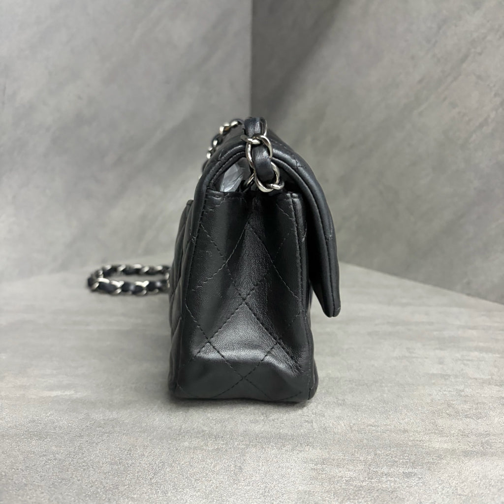 Chanel CF Mini, black and silver lambskin, 23 series no card, structured shape, clean interior