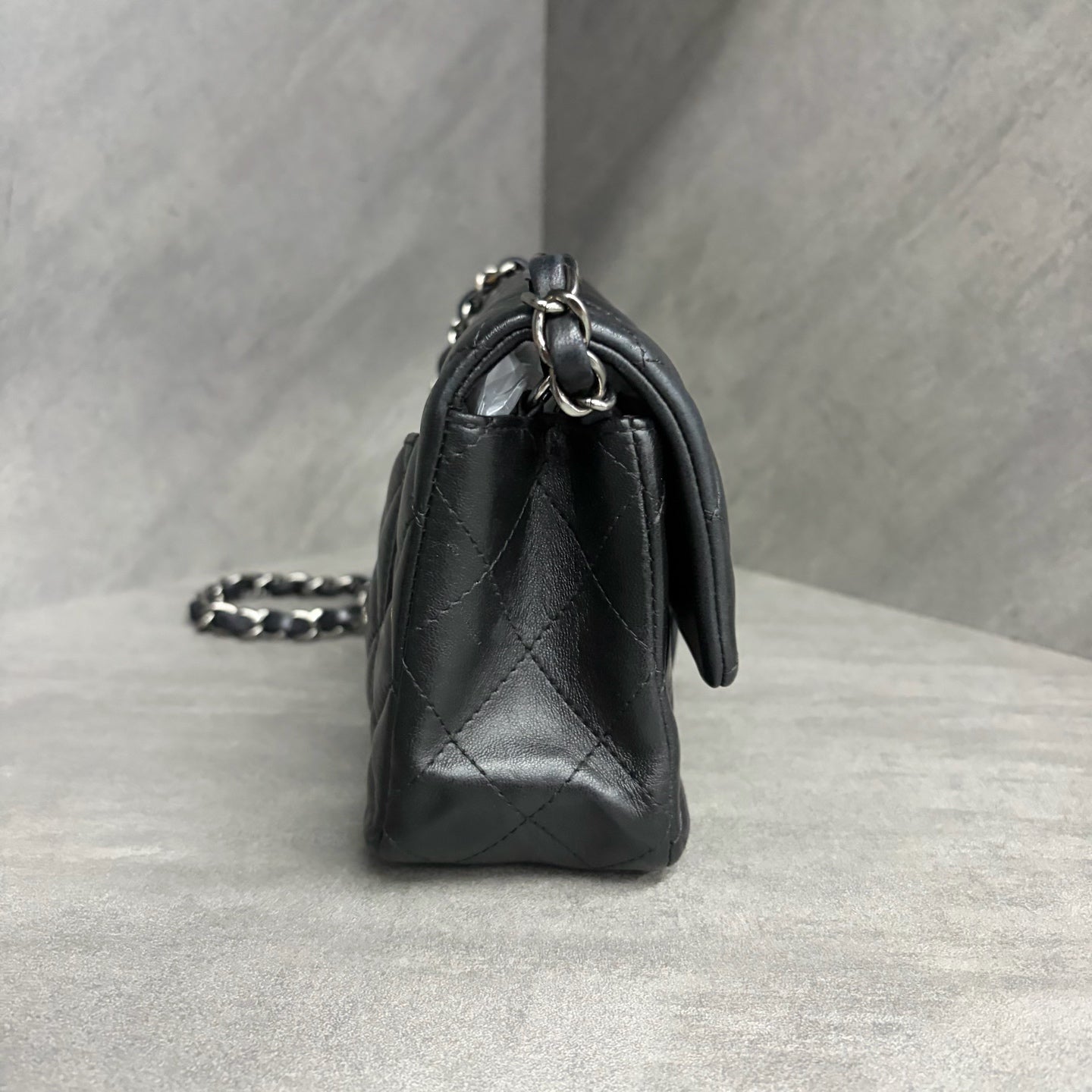 Chanel CF Mini, black and silver lambskin, 23 series no card, structured shape, clean interior