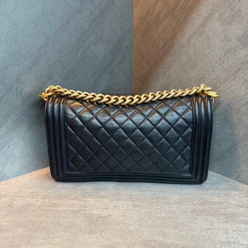Chanel Black Gold Leboy Medium Lambskin, Date Code 21, Structured Shape, Clean Interior, In Stock at Great Price