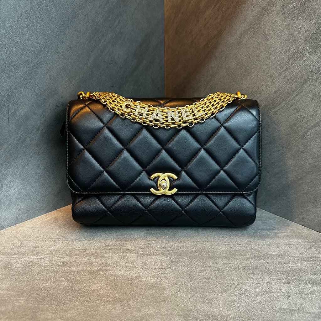 Chanel 22S Black Gold Diamond Chain Bag, lambskin, microchipped version, structured silhouette, clean interior, original condition