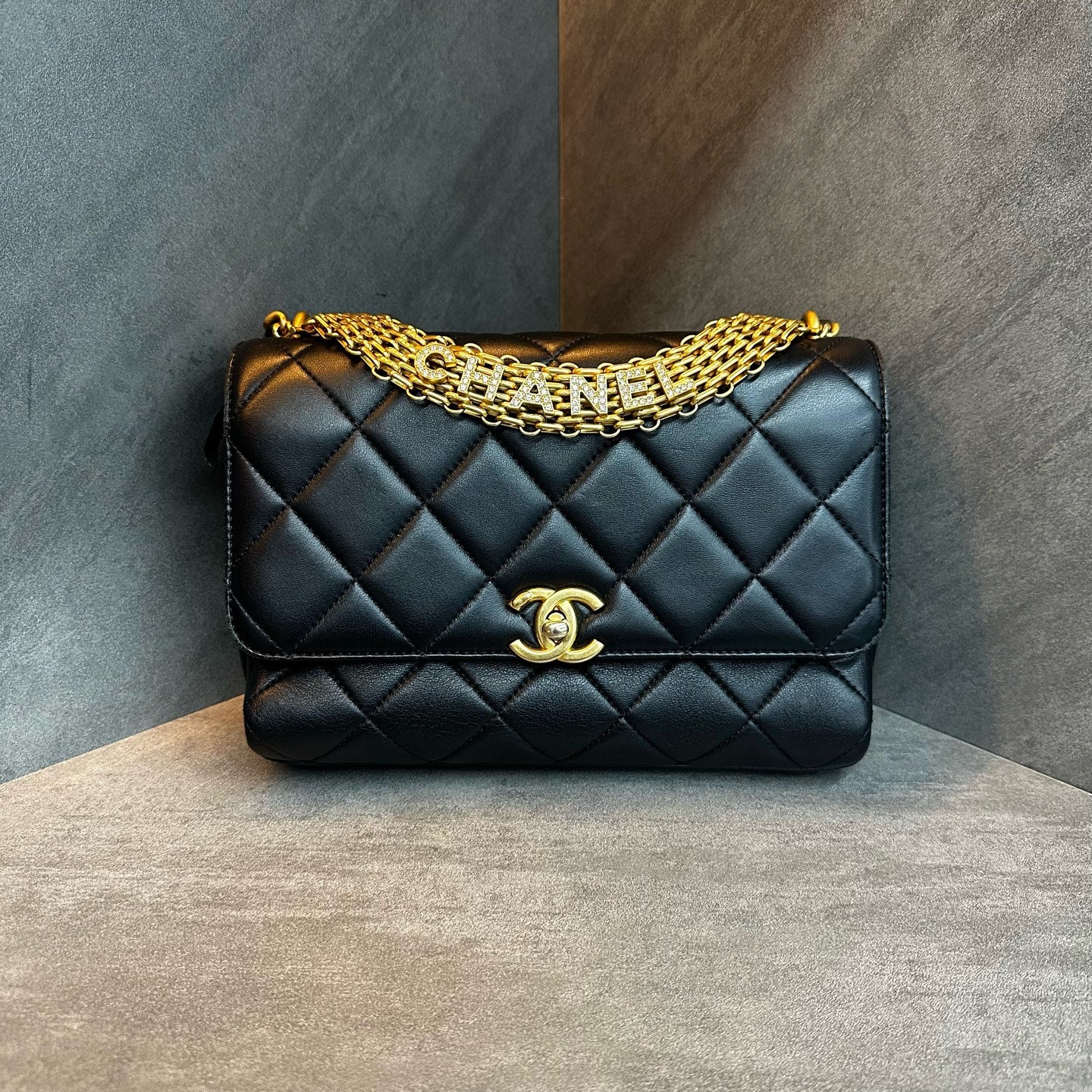 Chanel 22S Black Gold Diamond Chain Bag, lambskin, microchipped version, structured silhouette, clean interior, original condition