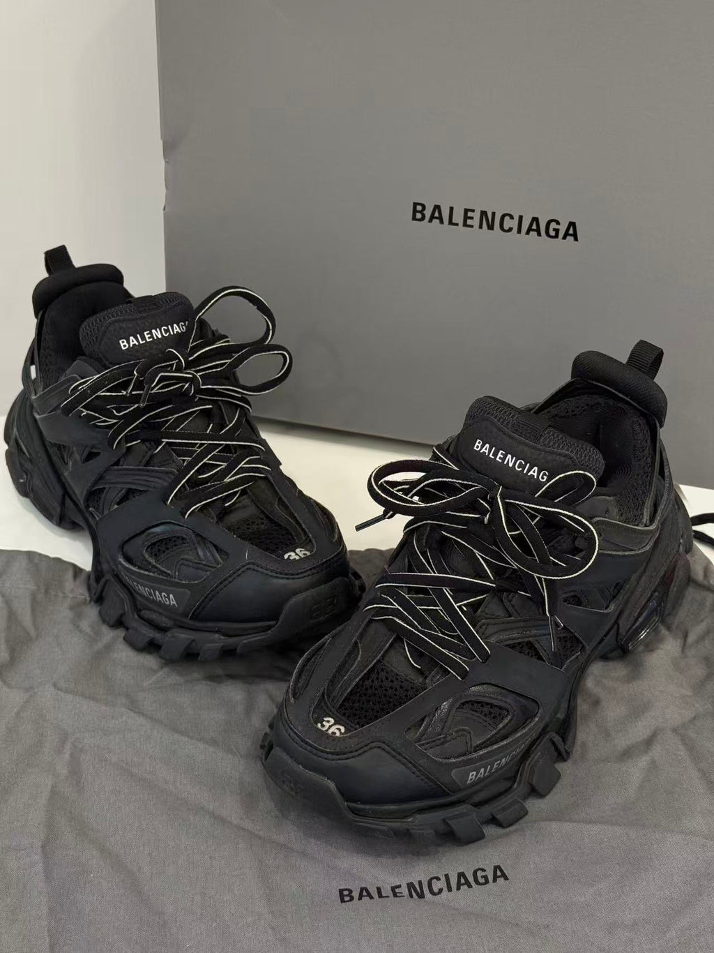 Size 36 Balenciaga Track Black Samurai Low-Top Distressed Dad Sneakers, Women's Style, Black / 99% New / No Original Box