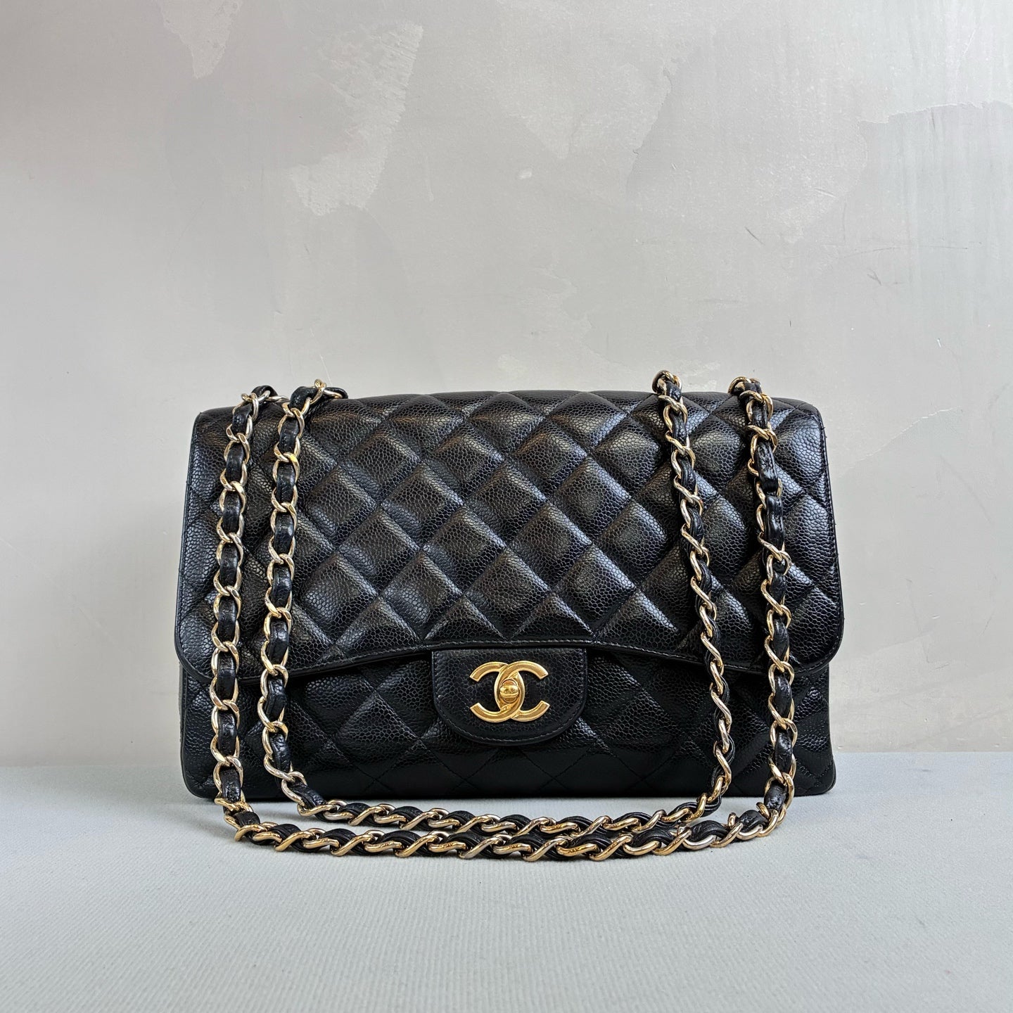 Chanel 99 New 13-inch Jumbo CF Black Gold Pebbled Leather Single Flap Size 30*18