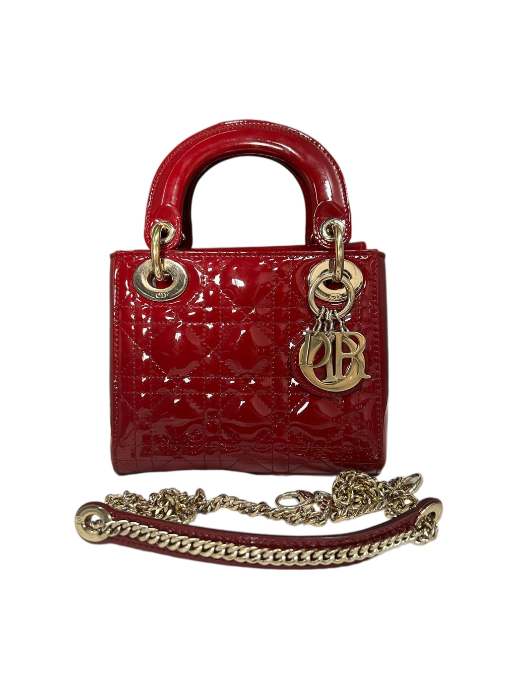 Dior Lady Dior Three Compartments Red Patent Leather with Chain Shoulder Strap, includes card, 2018 code, original condition, good bag shape.