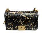 Chanel Limited Edition Egypt Series Le Boy Medium Black and Gold Crocodile Embossed Graffiti with Gold Foil 28 Open, No Wear on Corners.