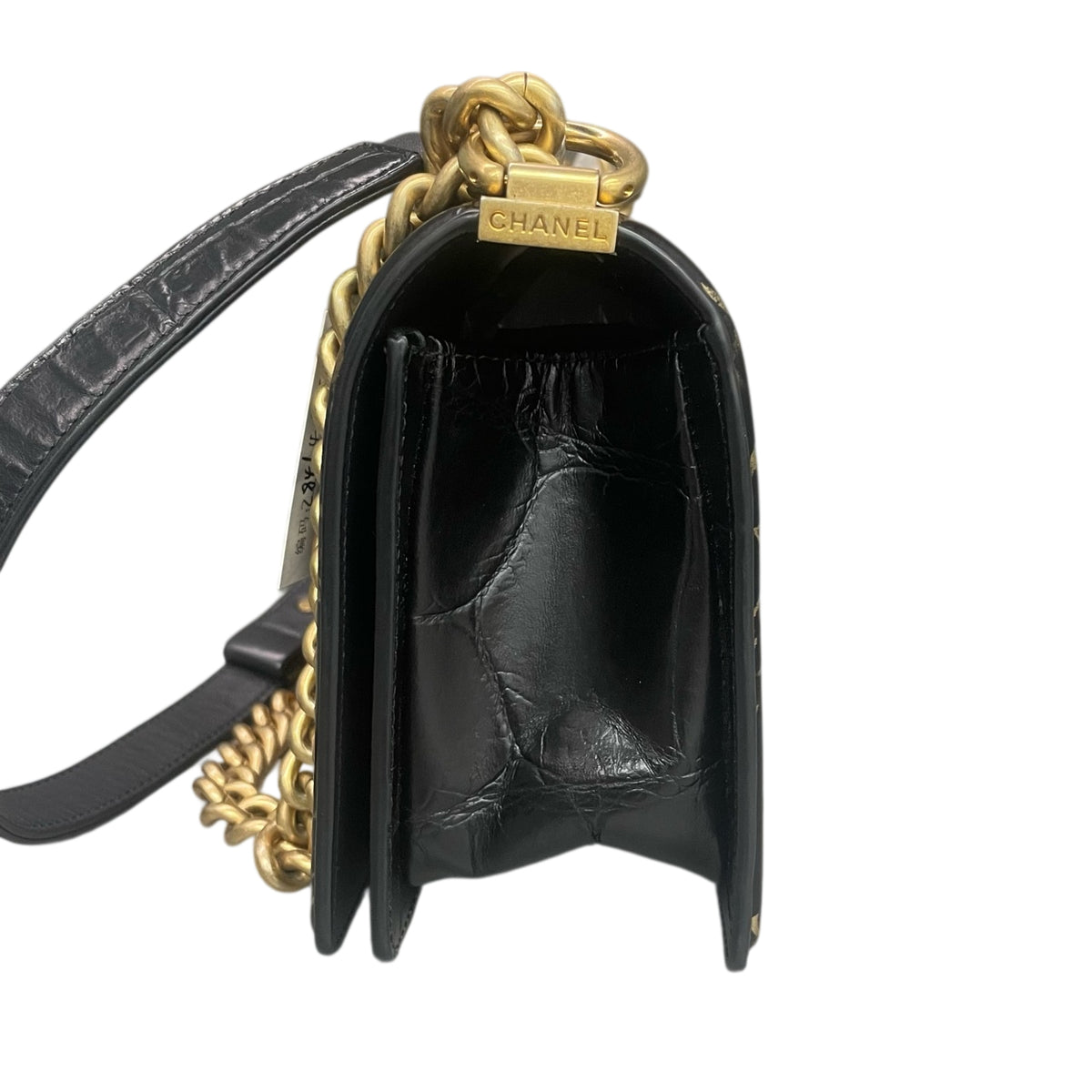 Chanel Limited Edition Egypt Series Le Boy Medium Black and Gold Crocodile Embossed Graffiti with Gold Foil 28 Open, No Wear on Corners.