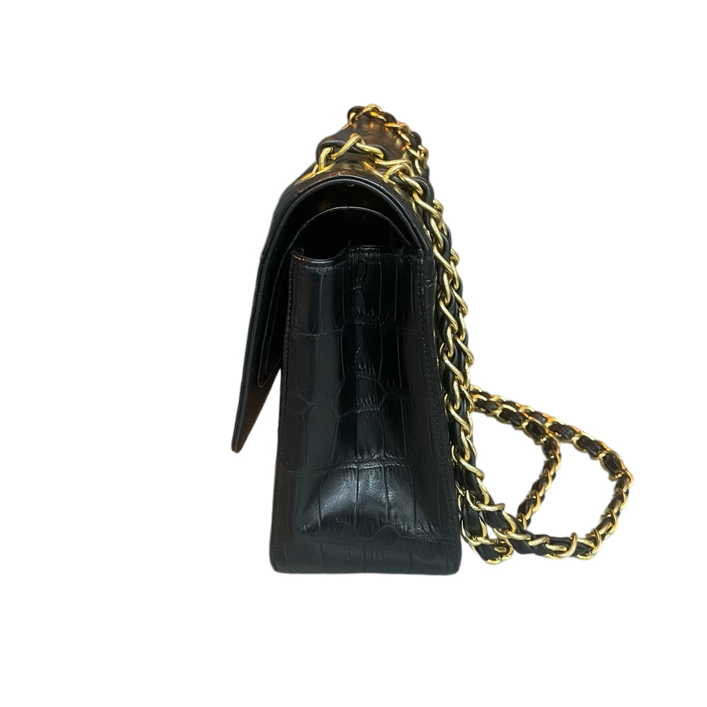 Chanel CF jumbo large black gold buckle crocodile leather bag, structured shape, clean interior, no wear on the corners, 19 series.